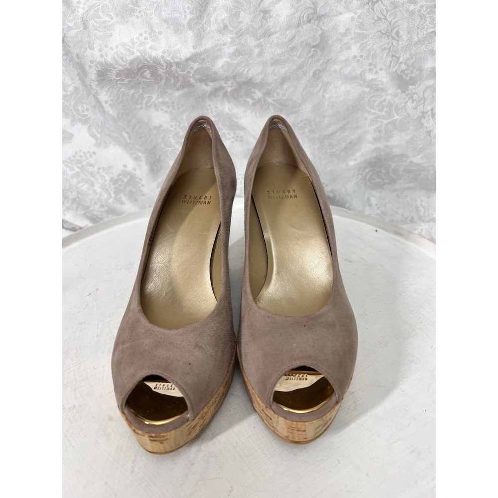 Stuart Weitzman Taupe Suede Peep Toe Cork Wedge Pumps A409779-1 Size 8N - Picture 1 of 8